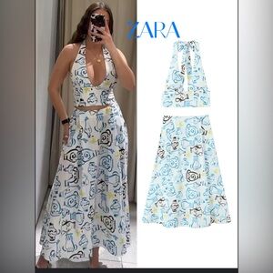 Zara Women's Blue and White Patterned Skirt Set Sz M NWT